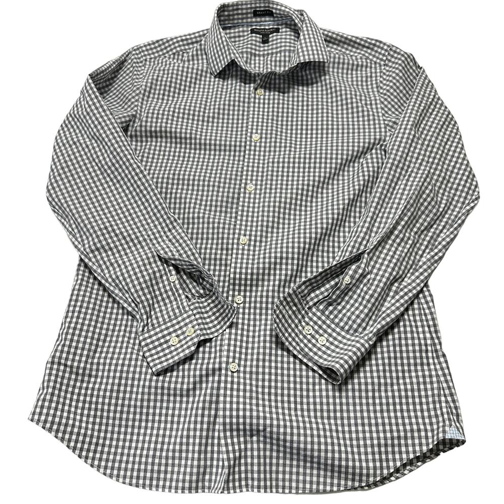 Banana Republic Shirt Men Size L Gray White Checkered Button Up 100% Cotton